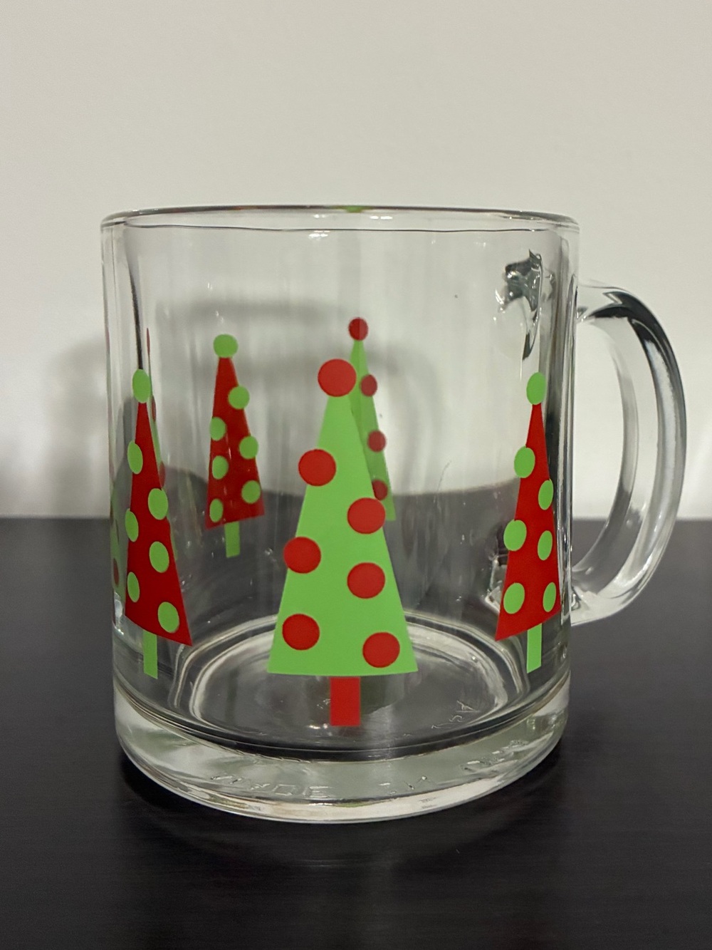 Set of 3 Glass Christmas Holiday Mugs with Green and Red Trees